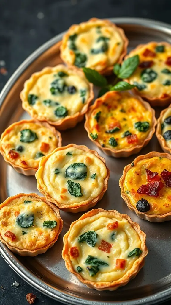 A platter of mini quiches with assorted fillings including spinach, bacon, and cheese.