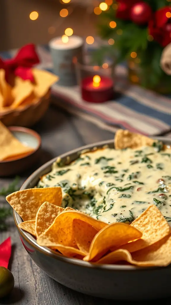A bowl of cheesy spinach and artichoke dip surrounded by tortilla chips, with festive decorations in the background.