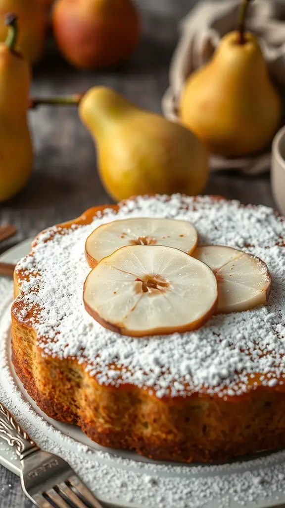 A spiced pear cake topped with pear slices and powdered sugar, with fresh pears in the background.