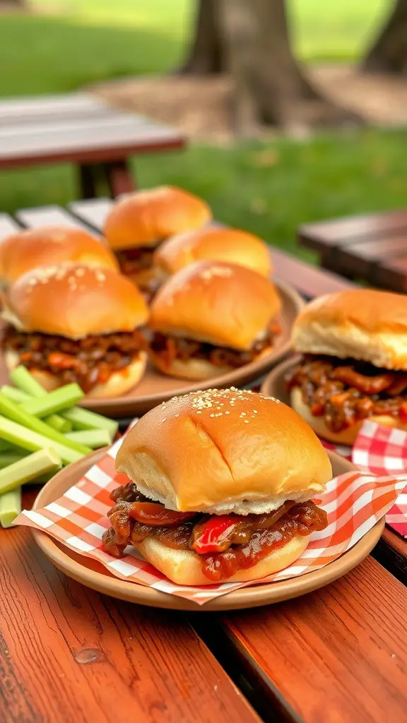 A plate of Sloppy Joe sliders with a side of celery sticks.