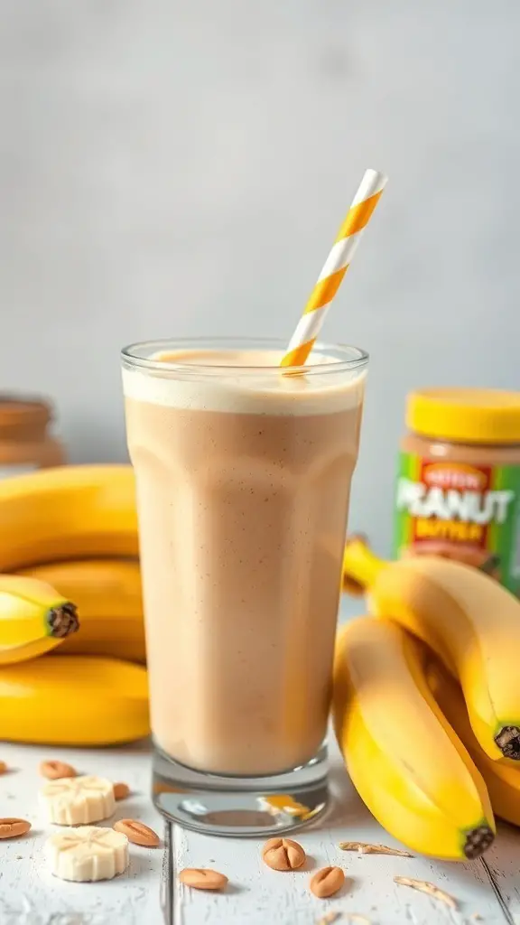 A glass of peanut butter banana smoothie with bananas and peanut butter jar in the background.