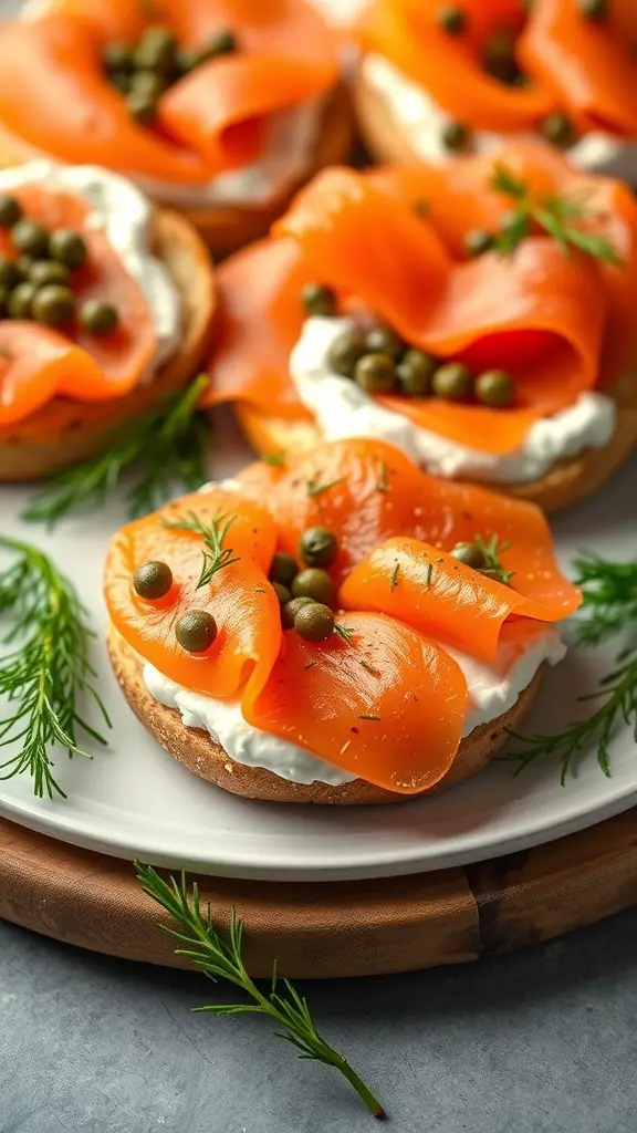 A plate of smoked salmon bagels topped with cream cheese, capers, and fresh dill.