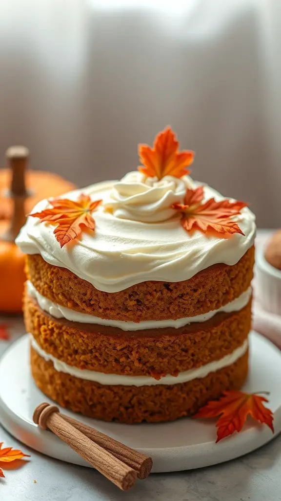 A beautifully decorated Pumpkin Spice Layer Cake with cream cheese frosting and autumn leaves on top.