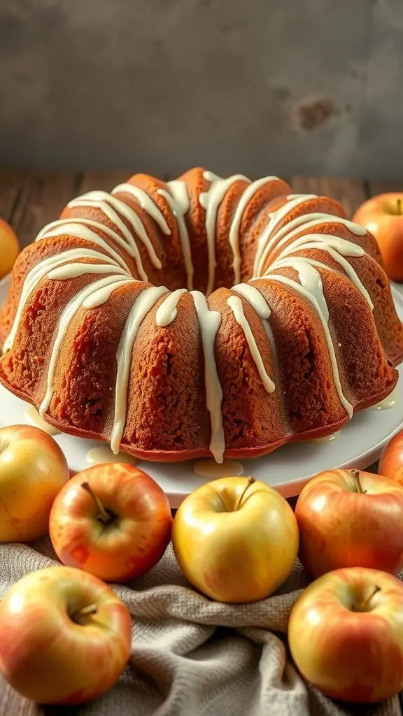 Apple Cider Bundt Cake with a creamy glaze surrounded by fresh apples