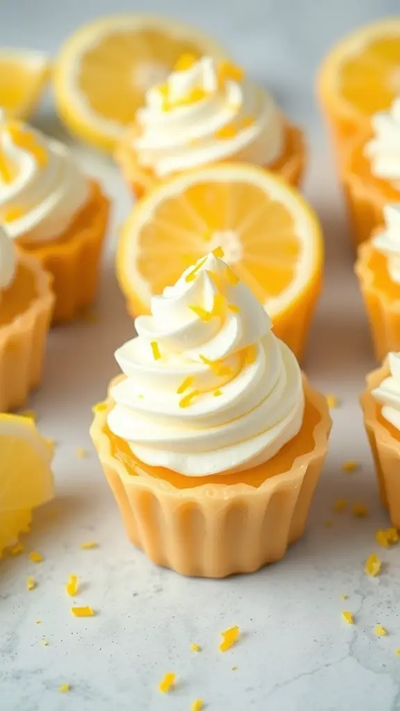 Lemon curd puff pastry cups topped with whipped cream and lemon zest