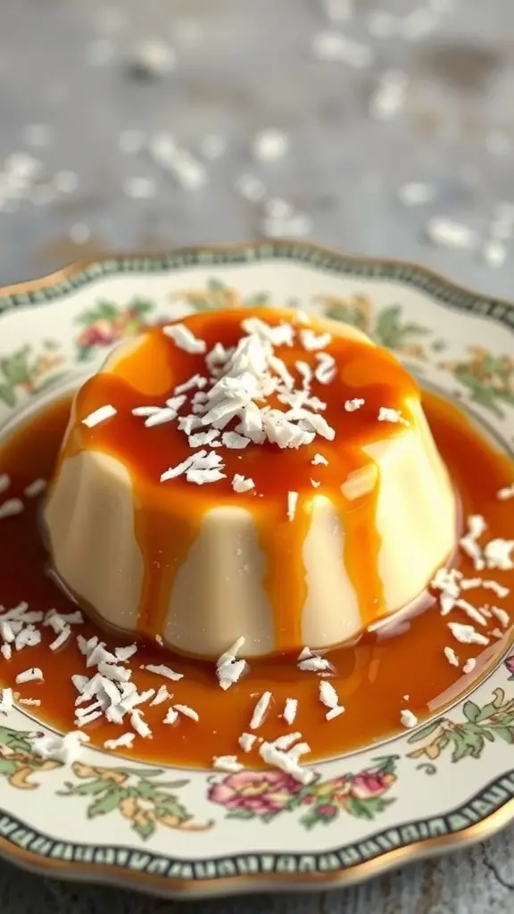 A beautiful serving of Flan de Coco topped with caramel and shredded coconut.