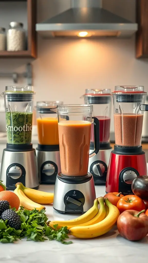 Various smoothie blenders on a countertop with fruits and greens