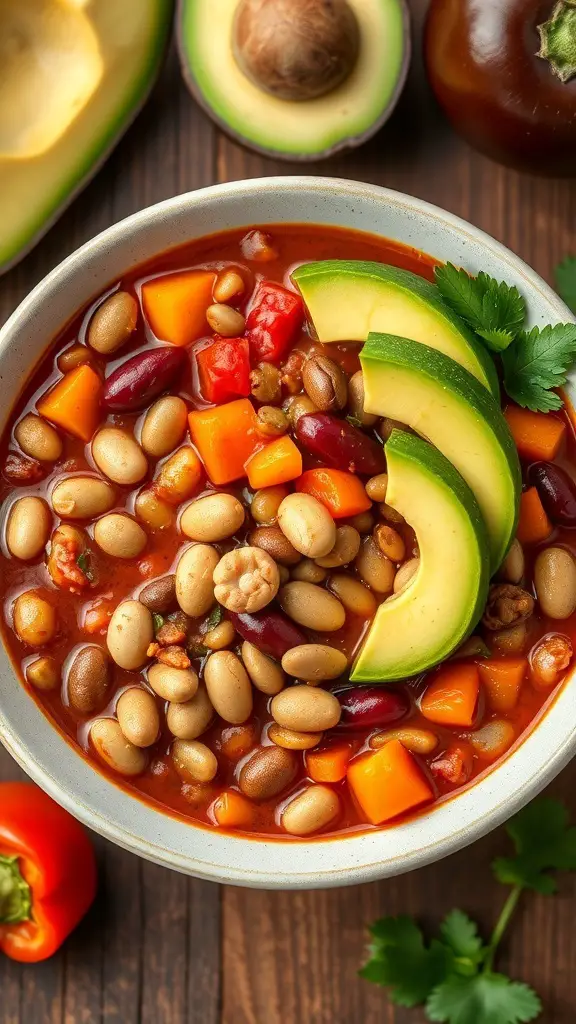 A bowl of vegetarian chili loaded with beans, topped with avocado slices and surrounded by fresh ingredients.
