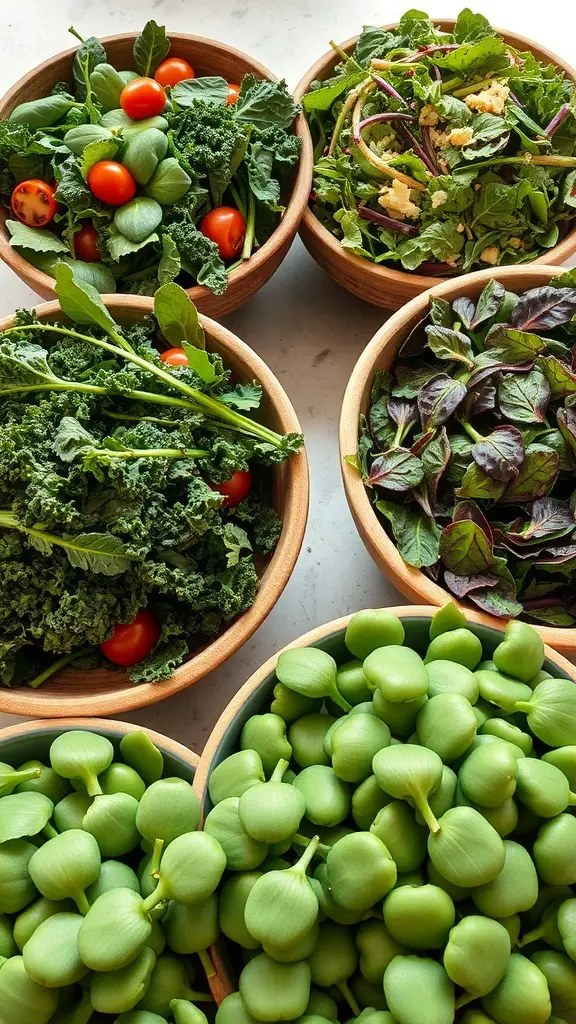A variety of salad bases including kale, spinach, and green vegetables in wooden bowls.