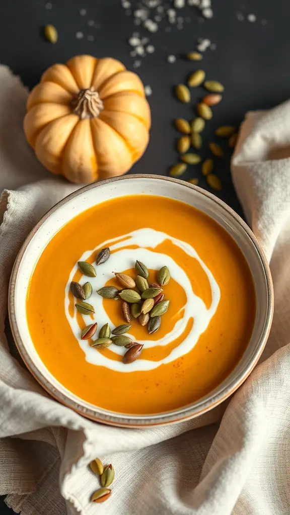 A bowl of spicy butternut squash soup topped with cream and pumpkin seeds, with a butternut squash in the background.
