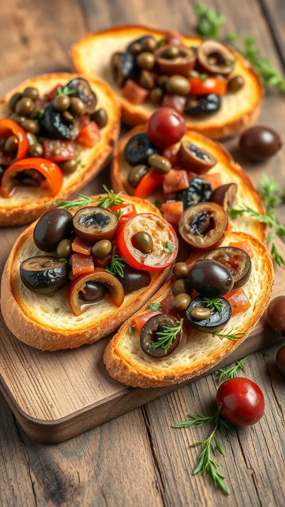 Toasted bruschetta topped with eggplant caponata, olives, and fresh herbs on a wooden board.