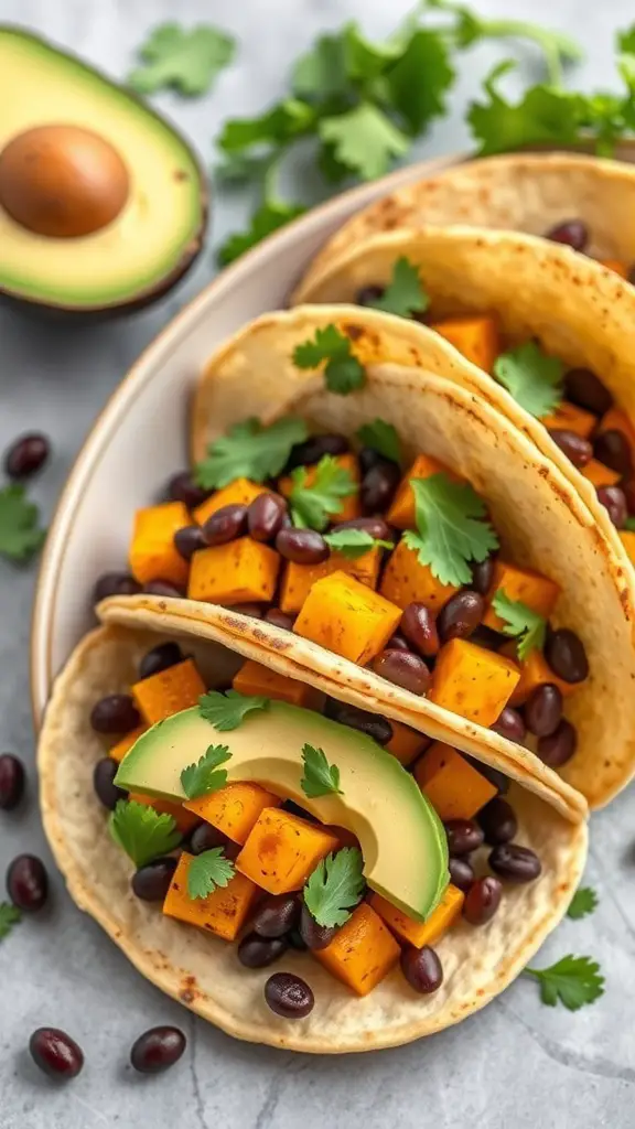 A plate of winter squash and black bean tacos topped with avocado and cilantro.