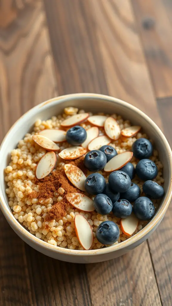 A quinoa breakfast bowl topped with almonds, blueberries, and a sprinkle of cinnamon.
