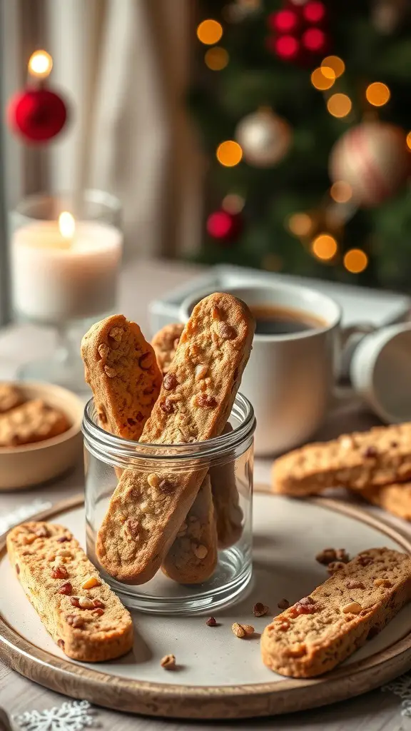 A jar of nutty biscotti on a festive table with a warm drink and holiday decorations.