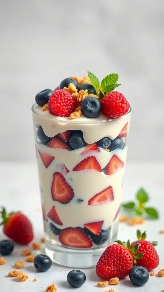 A glass of berry yogurt parfait with strawberries, blueberries, and granola.