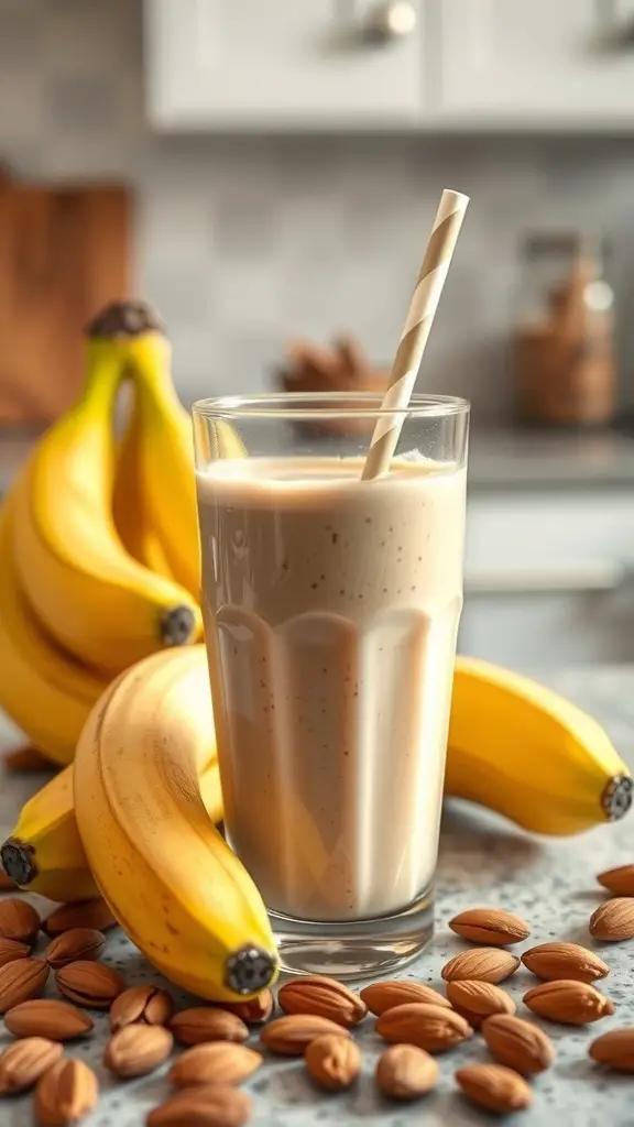 A glass of almond butter banana smoothie with bananas and almonds in the background