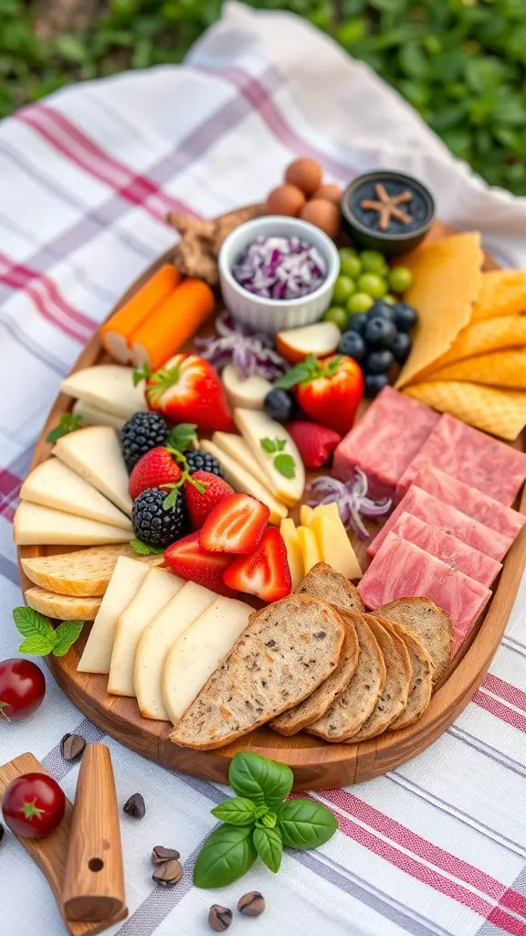 A beautifully arranged salad charcuterie board featuring various cheeses, fruits, and vegetables.