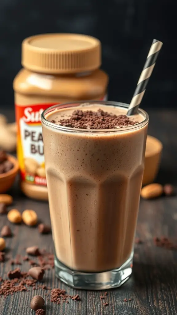 A glass of peanut butter chocolate smoothie with a jar of peanut butter in the background.