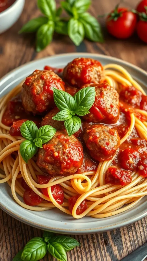 A plate of spaghetti with meatballs, garnished with fresh basil, on a wooden table.