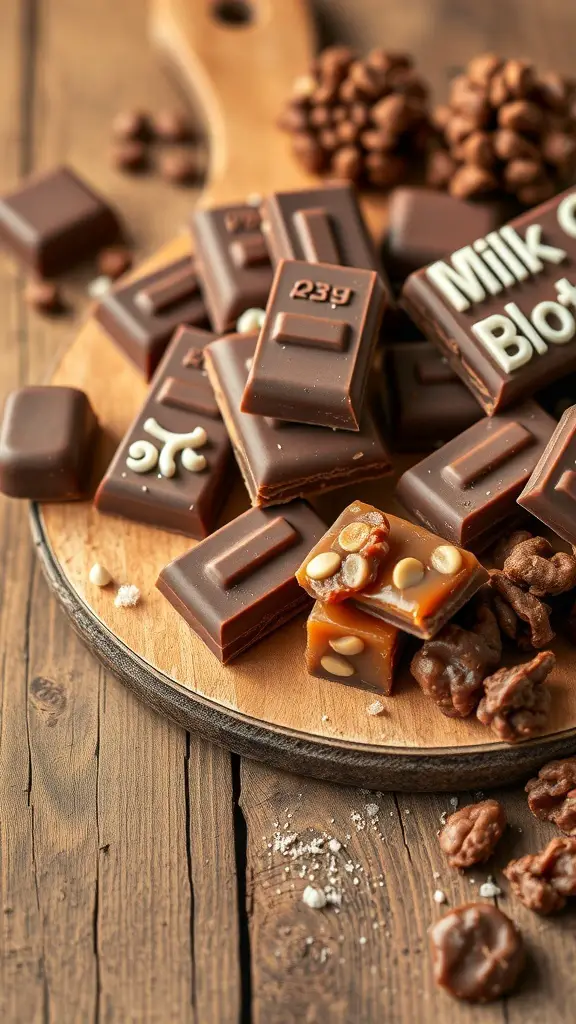 A wooden platter filled with various milk chocolate bars, caramels, and chocolate-covered nuts.