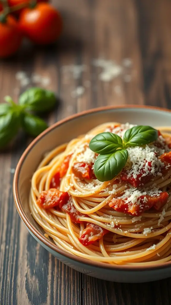 Bowl of spaghetti marinara with fresh basil and cheese