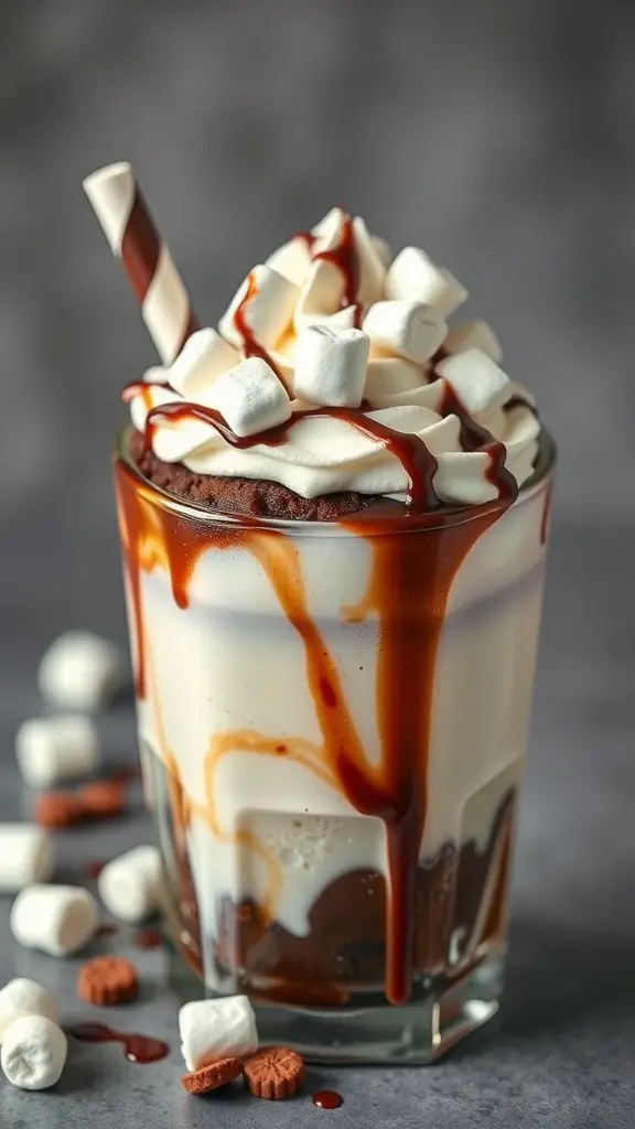 A glass of Hot Cocoa Brownie Sundae topped with whipped cream, mini marshmallows, and chocolate drizzle.