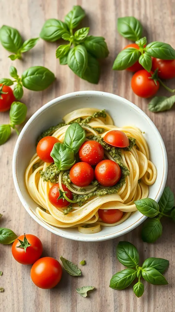 A bowl of zucchini noodles with pesto, topped with cherry tomatoes and fresh basil leaves.