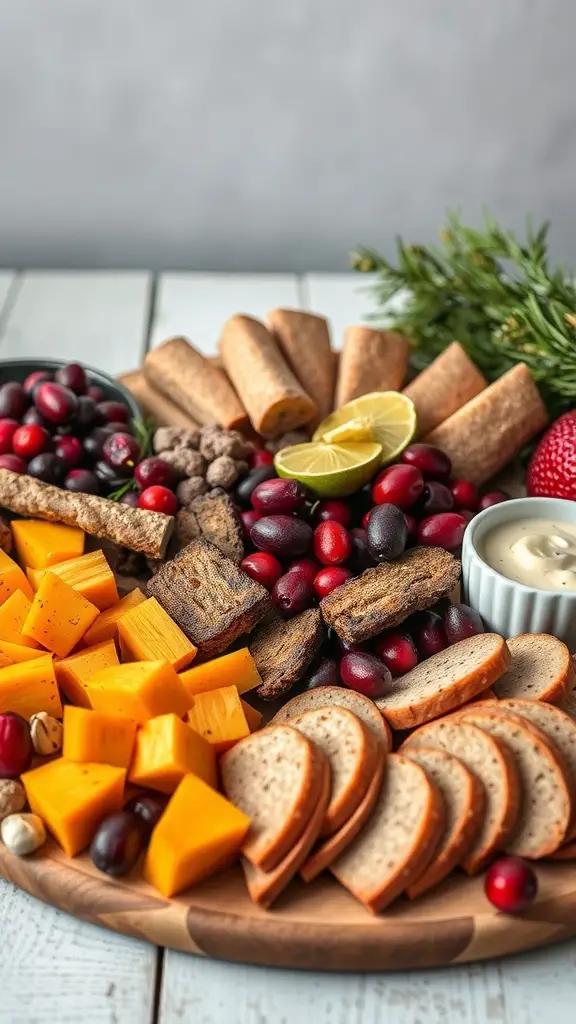 A colorful sandwich charcuterie board featuring seasonal ingredients like cheese, fruits, and bread.