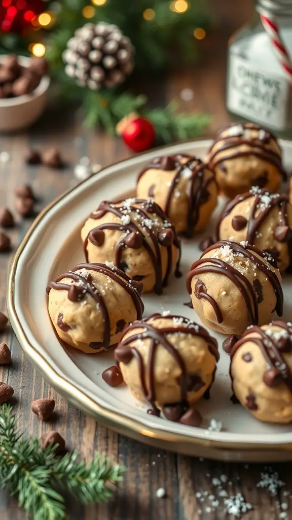 Plate of chocolate chip cookie truffles decorated with chocolate drizzle and festive toppings