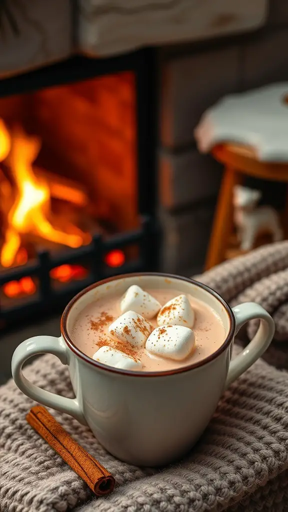 A cozy mug of spiced hot chocolate with marshmallows, placed near a fireplace.