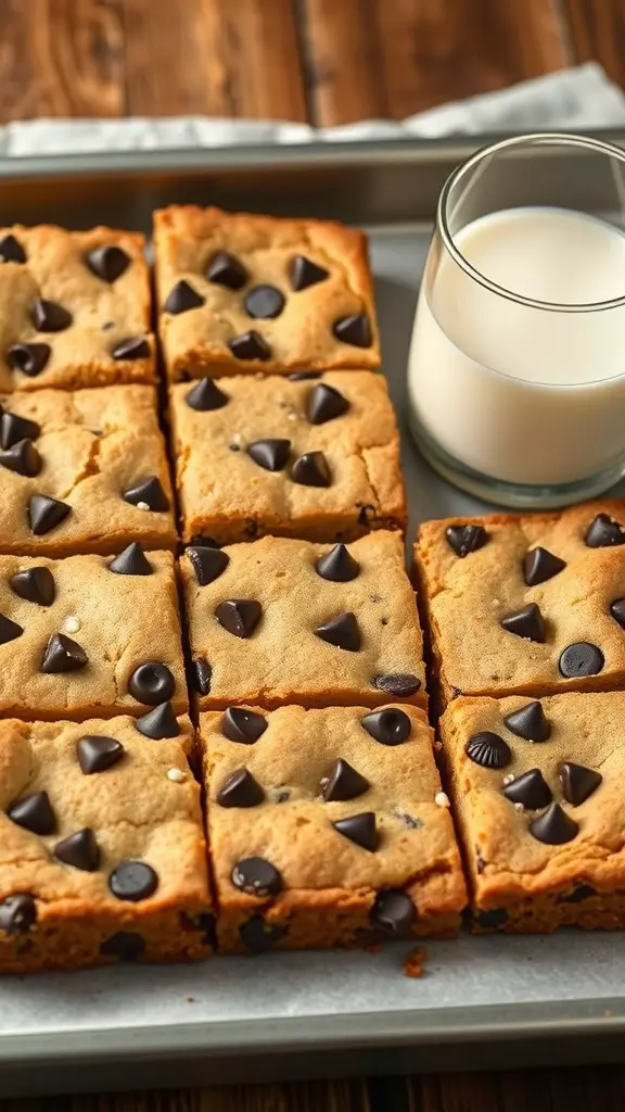 A tray of chocolate chip cookie bars with a glass of milk