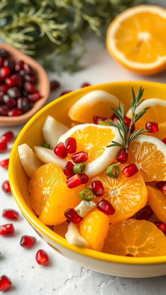 A colorful winter citrus salad with oranges, fennel, and pomegranate seeds in a yellow bowl.