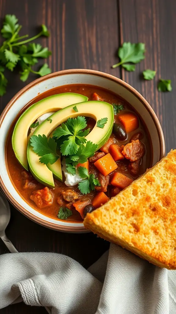 A bowl of vegetarian chili topped with avocado slices and cilantro, served with a piece of cornbread.