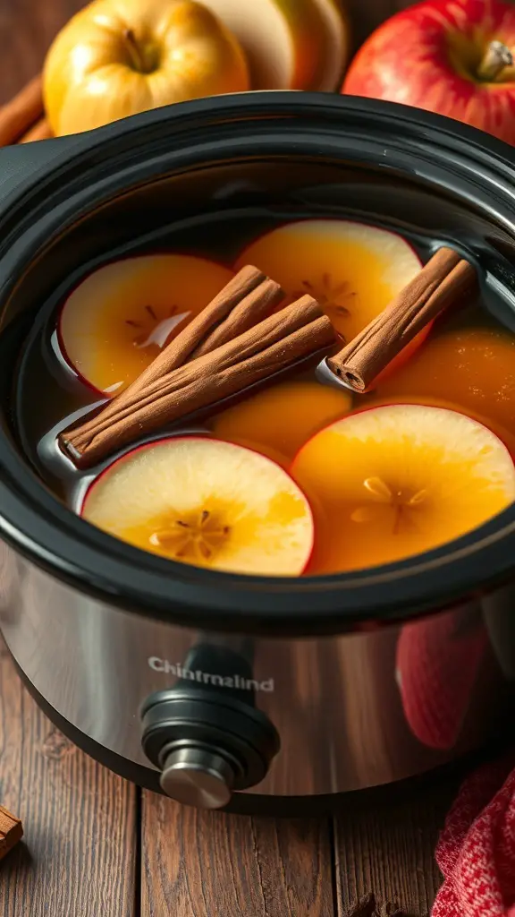 Crock pot filled with spiced apple cider, sliced apples, and cinnamon sticks
