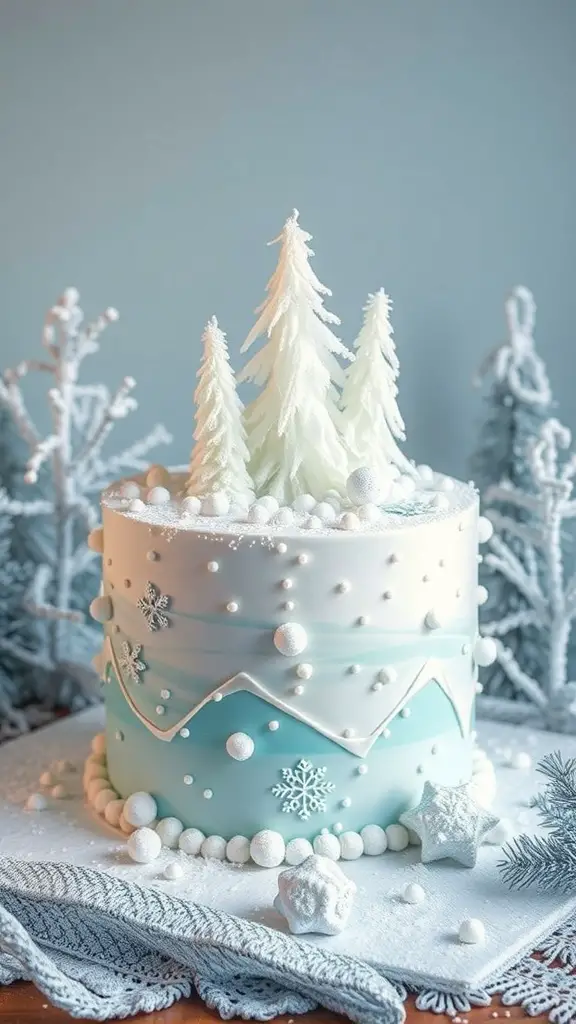 A beautifully decorated winter wonderland cake with blue and white frosting, topped with edible trees and snowflakes.