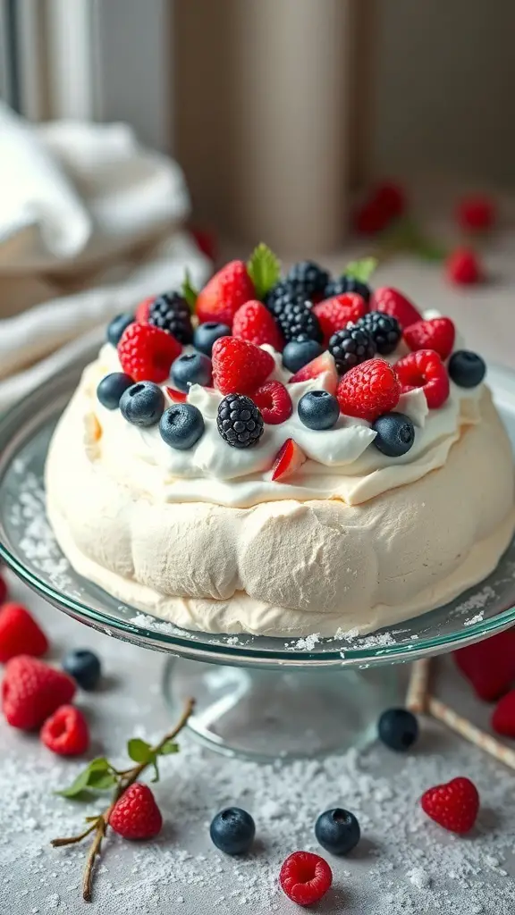 A beautiful Winter Berry Pavlova topped with fresh raspberries, blueberries, and blackberries on a glass cake stand.
