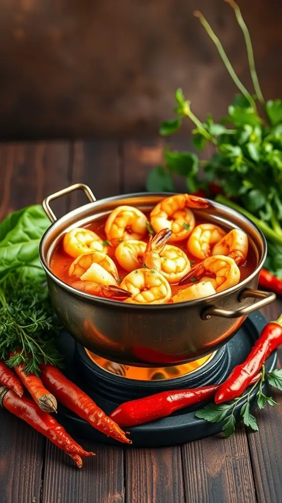 A pot of Cajun spiced shrimp fondue with fresh shrimp, red chilies, and herbs.