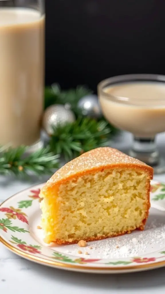 A slice of Eggnog Pound Cake on a festive plate with a glass of eggnog in the background.
