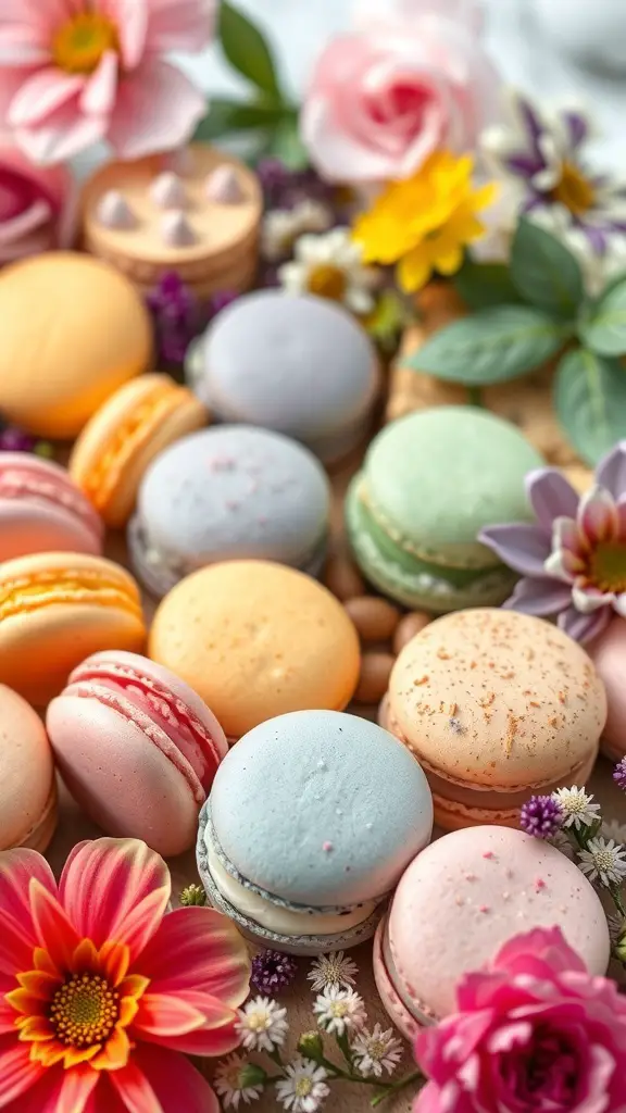 A colorful display of macarons surrounded by flowers and greenery.