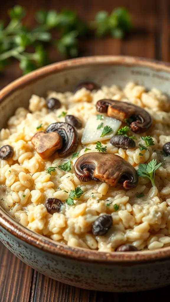 A bowl of creamy mushroom risotto topped with fresh mushrooms and herbs.
