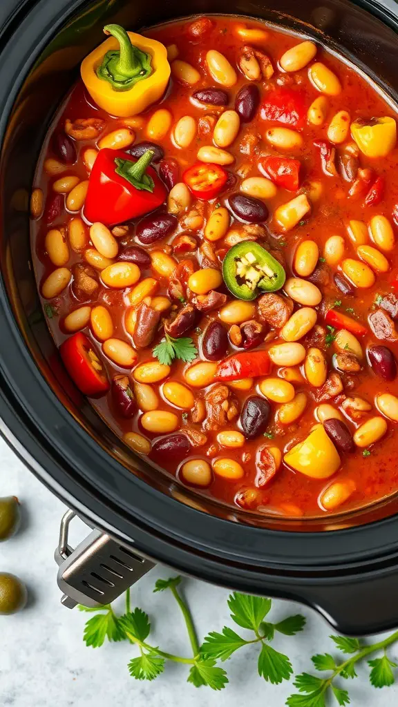A close-up of vegetarian chili with beans and colorful peppers in a crockpot.