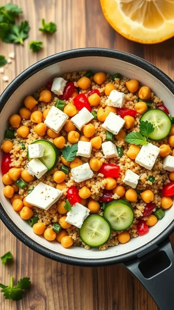 A colorful Mediterranean Air Fryer Quinoa Bowl with chickpeas, cucumbers, cherry tomatoes, and feta cheese.