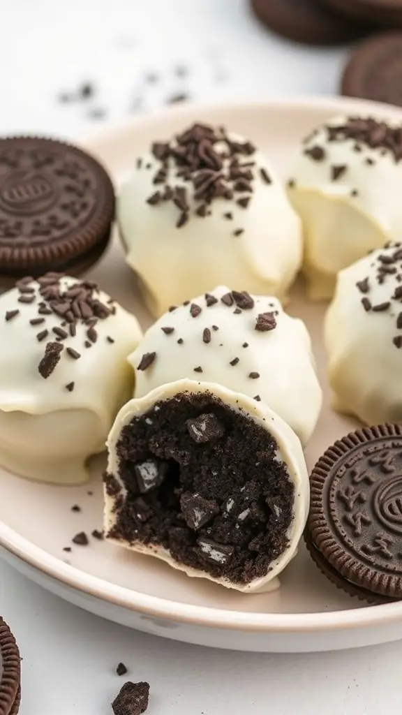 Plate of Oreo truffles coated in white chocolate with chocolate shavings on top, next to Oreo cookies.