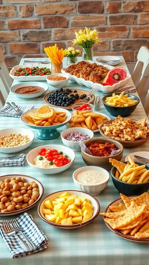 A colorful spread of various dishes on a table for an office potluck.