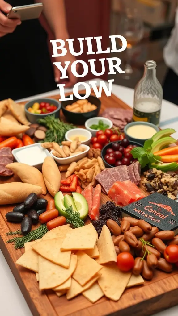 A colorful charcuterie board with various meats, cheeses, fruits, and crackers, inviting guests to build their own snacks.