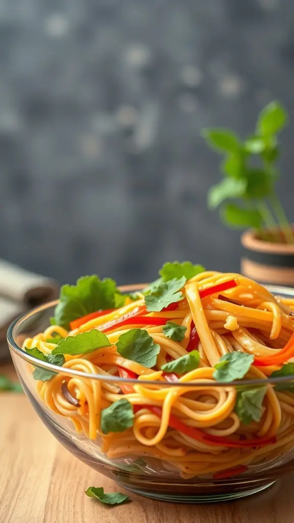 A bowl of Asian Noodle Salad with colorful bell peppers and fresh herbs.