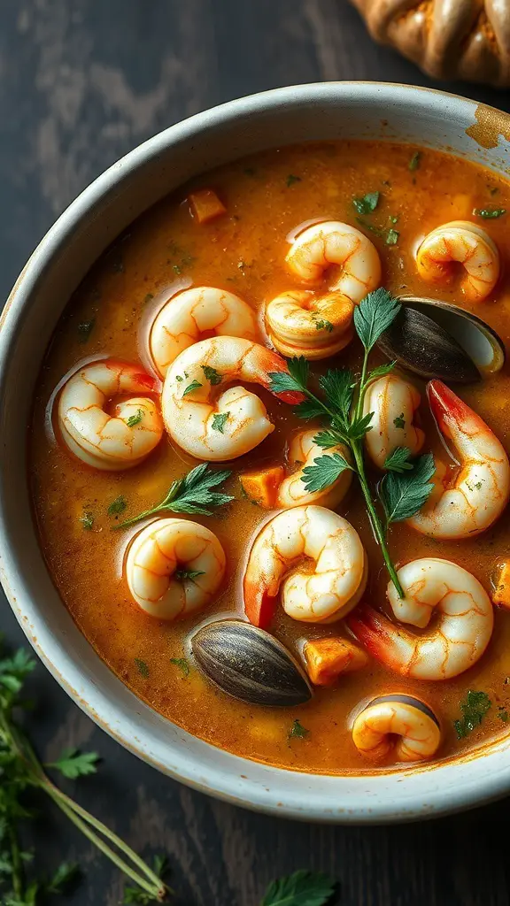 A bowl of seafood chowder with shrimp, clams, and fresh herbs.