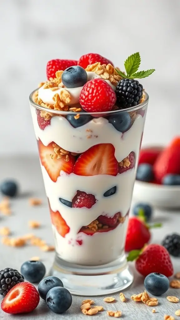 A delicious fruit and yogurt parfait with layers of yogurt, strawberries, blueberries, blackberries, and granola in a glass