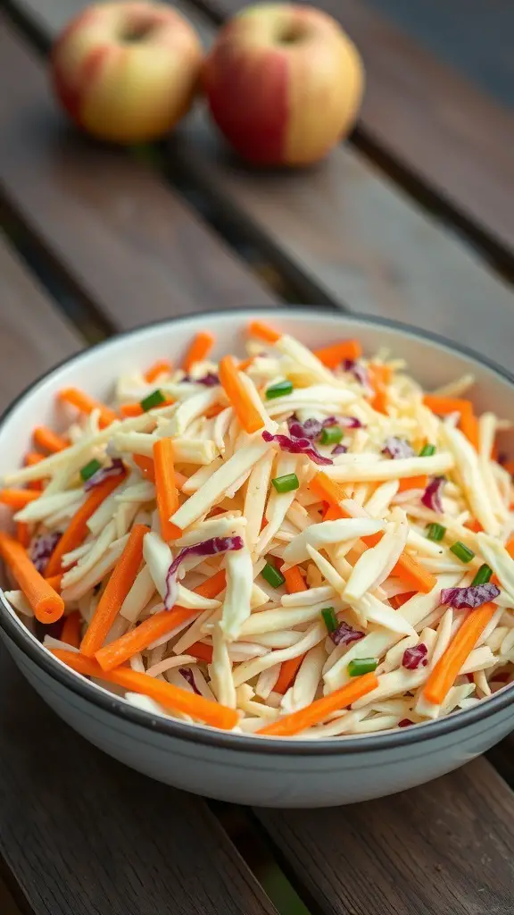 A bowl of Sweet and Tangy Coleslaw with shredded cabbage, carrots, and apples, with apples in the background.