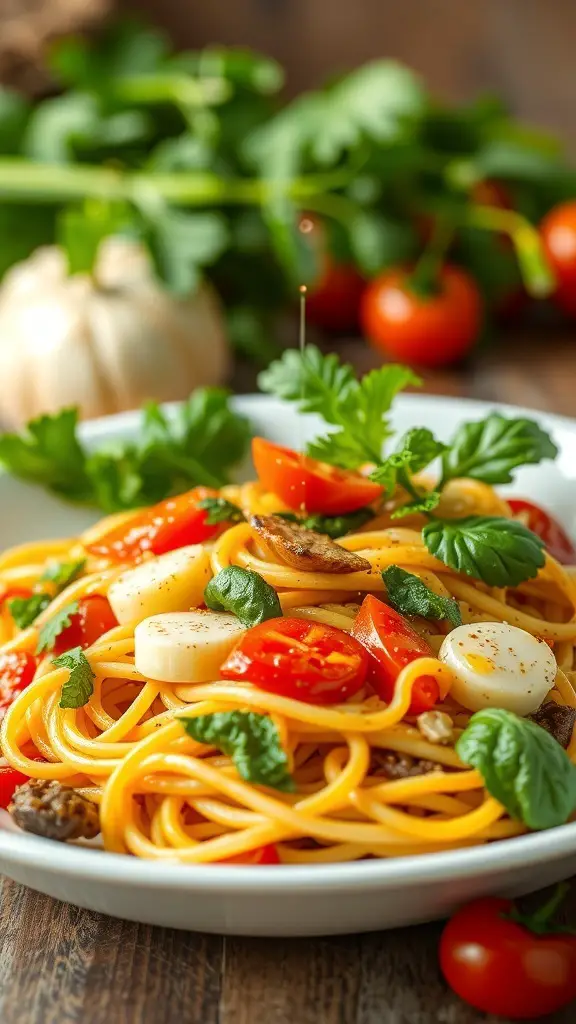 A plate of Vegetable Spaghetti Primavera with cherry tomatoes, mozzarella, and fresh herbs.